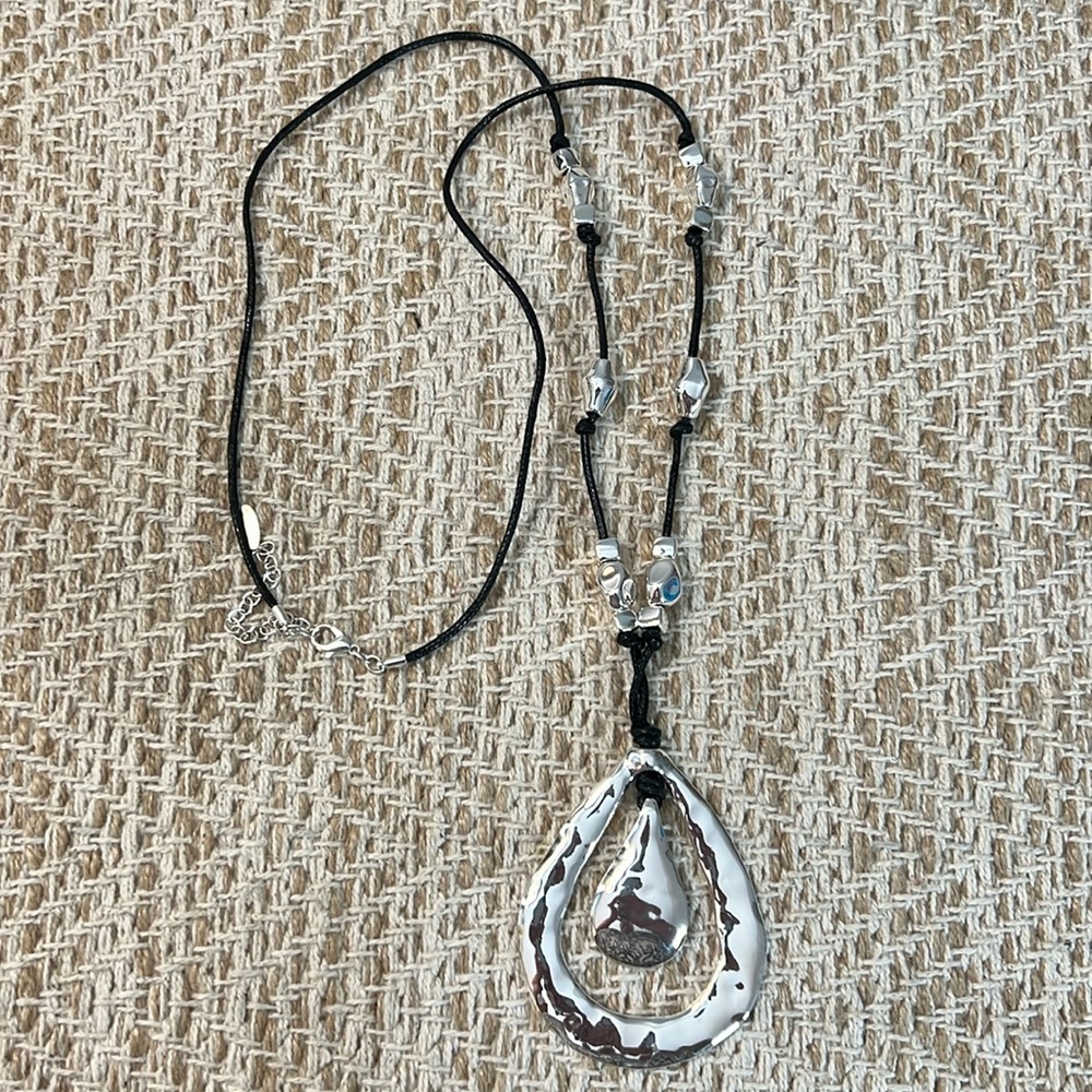 Hammered Silver Double Teardrop Long Pendent Necklace